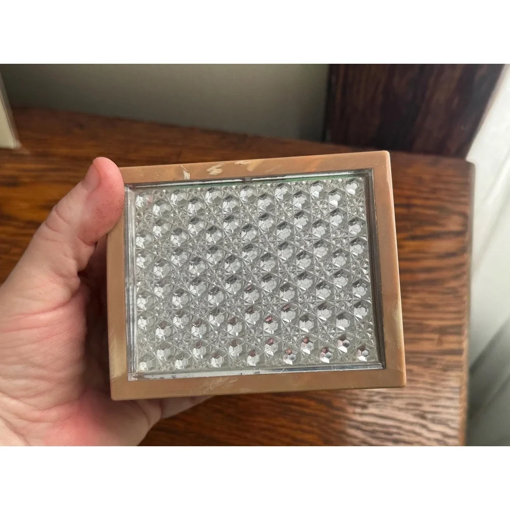 Vintage Merle Norman Cosmetics Powder Box Brown Marble Plastic with Clear Lid